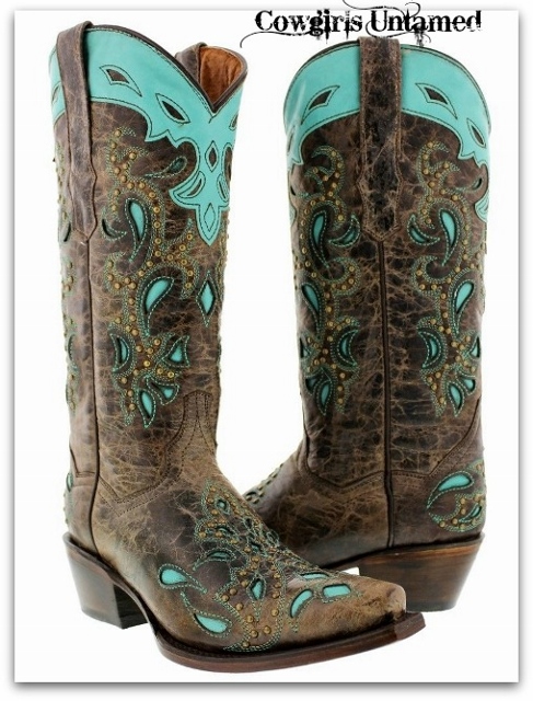 COWGIRL GYPSY BOOTS Aqua Turquoise Inlay on Brown GENUINE LEATHER ...