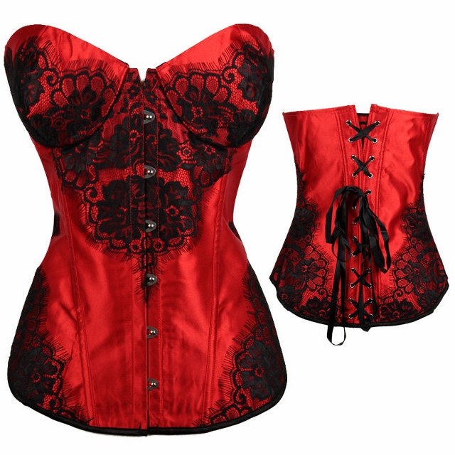 Black Lace on Red Satin Lace Up Back Boned Western Corset Top, black, lace, satin, red, corset 