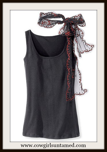 COWGIRL GYPSY TANK TOP Black N Red Lace Scarf Bow on Black Boho Tank Top, black tank top, tank 