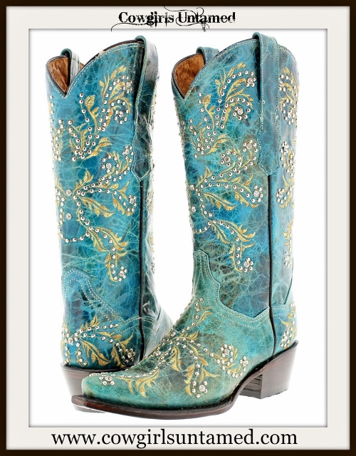 COWGIRL STYLE BOOTS Tan Rhinestone N Silver Studded Turquoise ...