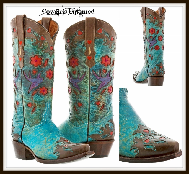 COWGIRL GYPSY BOOTS Bird and Floral inlay on Turquoise and Brown ...