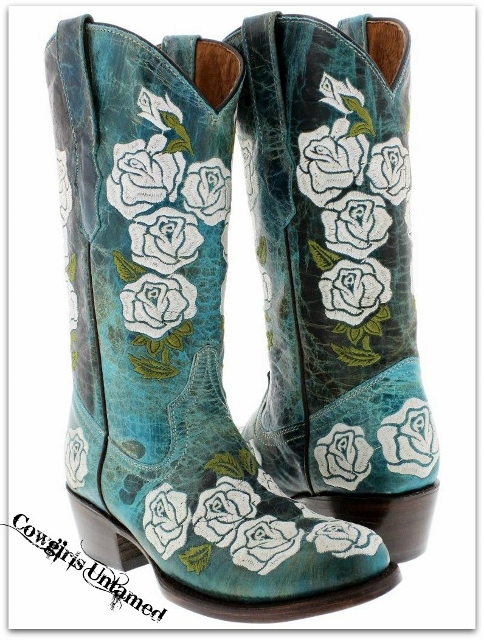 COWGIRL STYLE BOOTS Embroidered White Rose Round Toe GENUINE AQUA ...