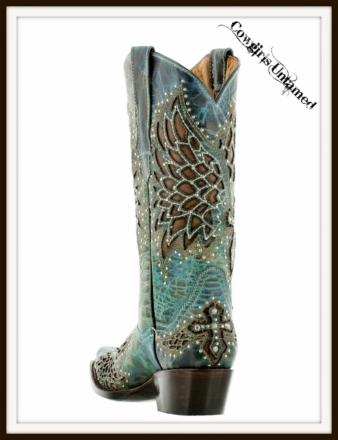RODEO REBEL BOOTS Teal N Turquoise Silver Rhinestone Studded Brown ...