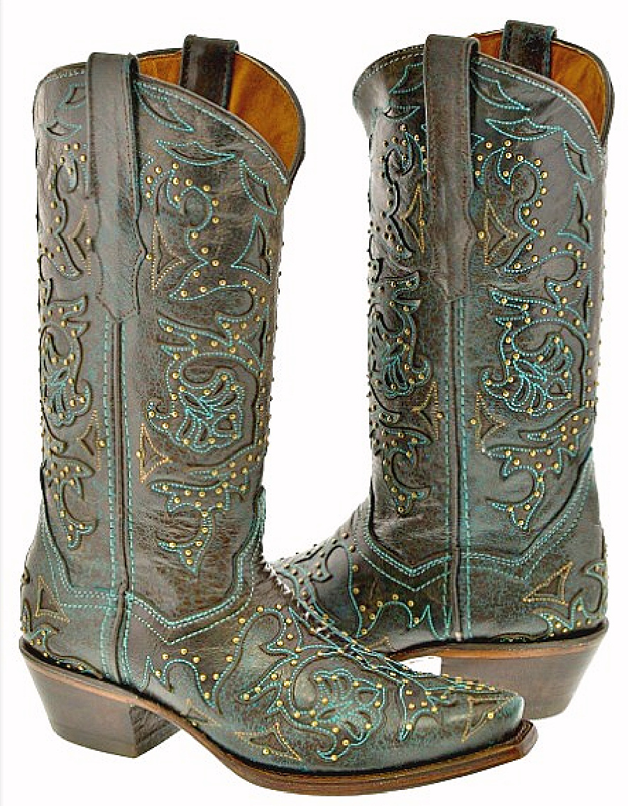 COWGIRL STYLE BOOTS Turquoise Embroidery Studded Brown Genuine Leather Boots Sizes 6,7,8,9