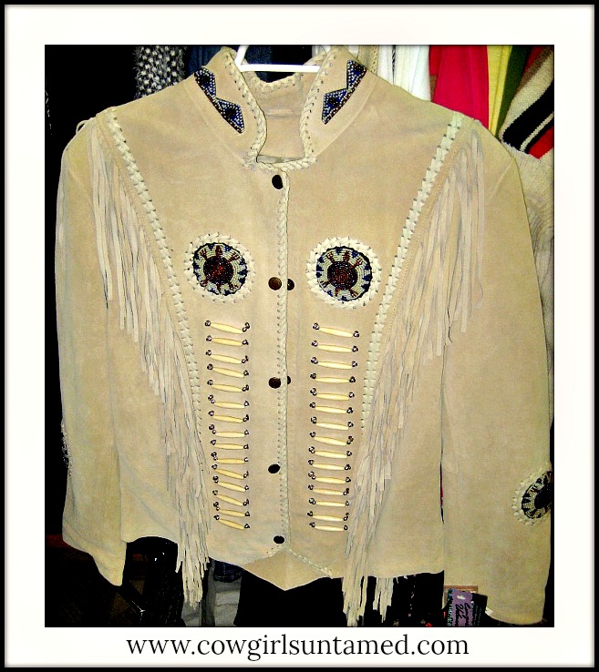 Ladies Western Wear Suede Leather Fringed Jacket Native American Beads Jacket 