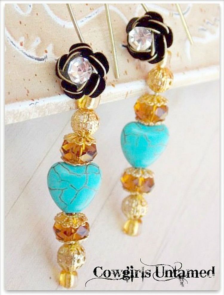 TRUE LOVE EARRINGS Turquoise Heart Crystal Antique Bronze Rhinestone Earrings