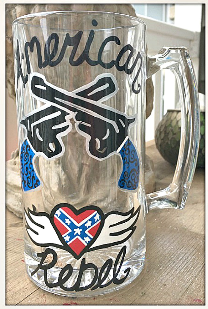 SASSY COWGIRL DECOR Painted "American Rebel" Black Blue and Red with Double Pistols and Winged Heart Western Glass Mug