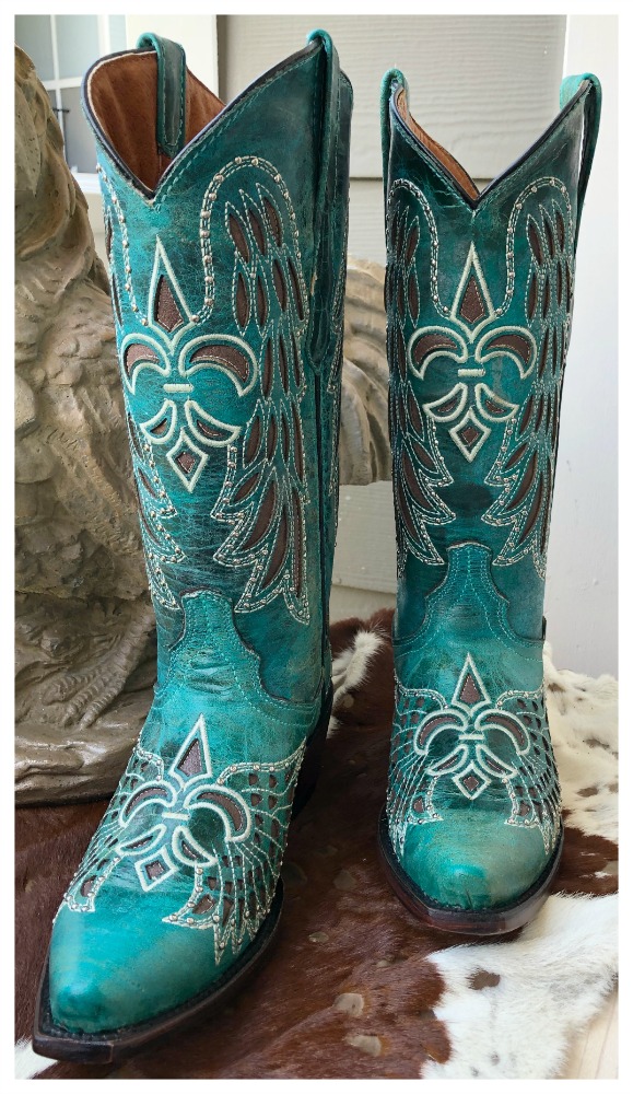 RODEO REBEL BOOTS Embroidered Fleur De Lis Rhinestone Studded Brown Underlay Teal N Turquoise Cowgirl Boots Sizes 6,7,8