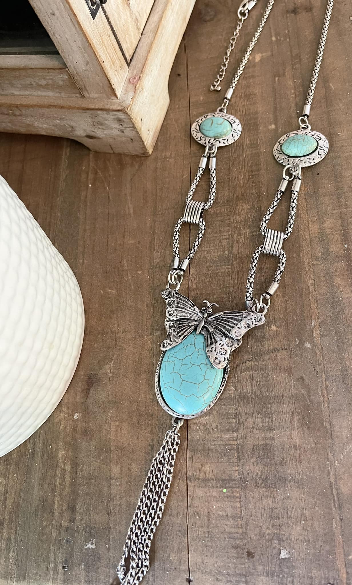 A NEW BEGINNING NECKLACE Silver Butterfly & Tassel Turquoise Bohemian Long Necklace LAST ONE
