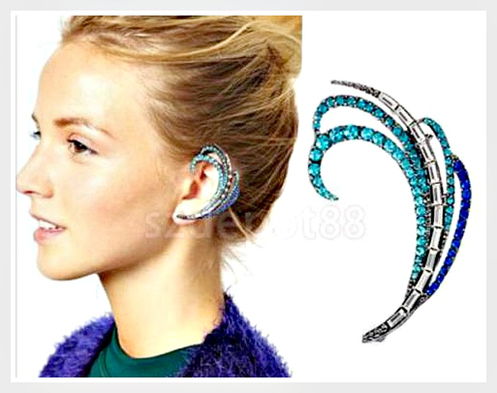 BOHEMIAN COWGIRL EAR CUFF Aqua Blue Clear Rhinestone Feather Silver Vintage Look Pierced Ear Cuff