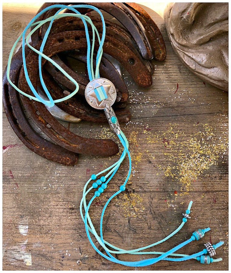 BOHEMIAN COWGIRL NECKLACE Aqua & Turquoise Leather Silver Star Concho Beaded Long Bolo Necklace