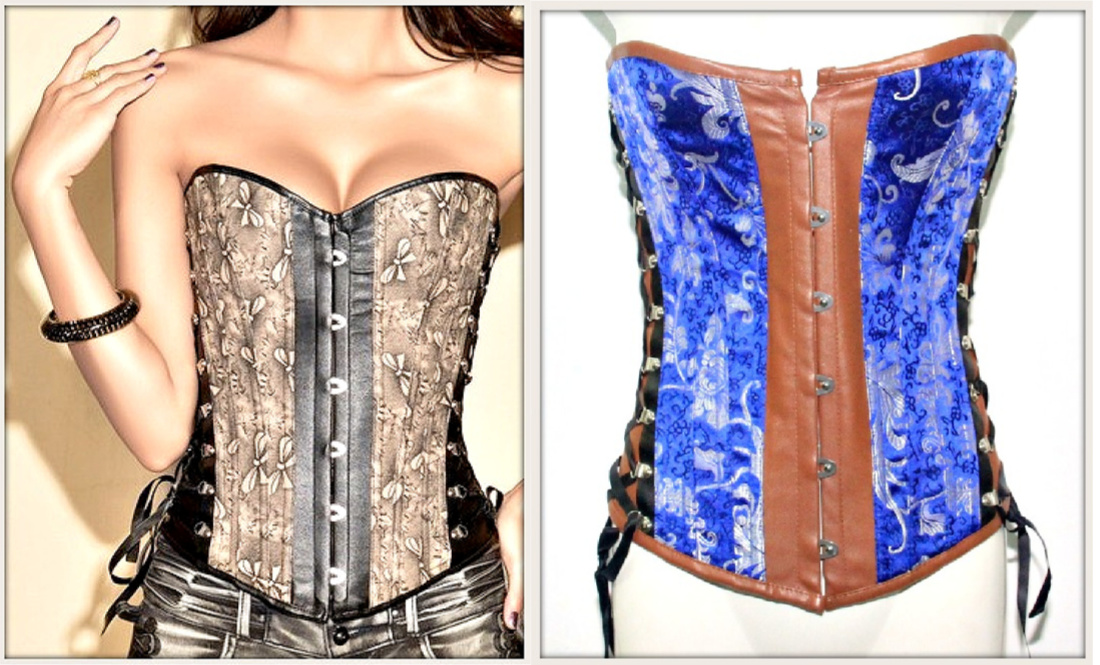 CORSET - Satin & Brown Faux Leather Side Buckles Lace Up Cowgirl Western Corset Top Bustier M or 2X
