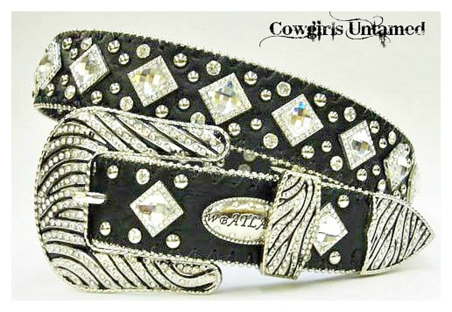 COWGIRL BELT Rhinestone Studded Crystal Silver Zebra Buckle Black Leather Belt