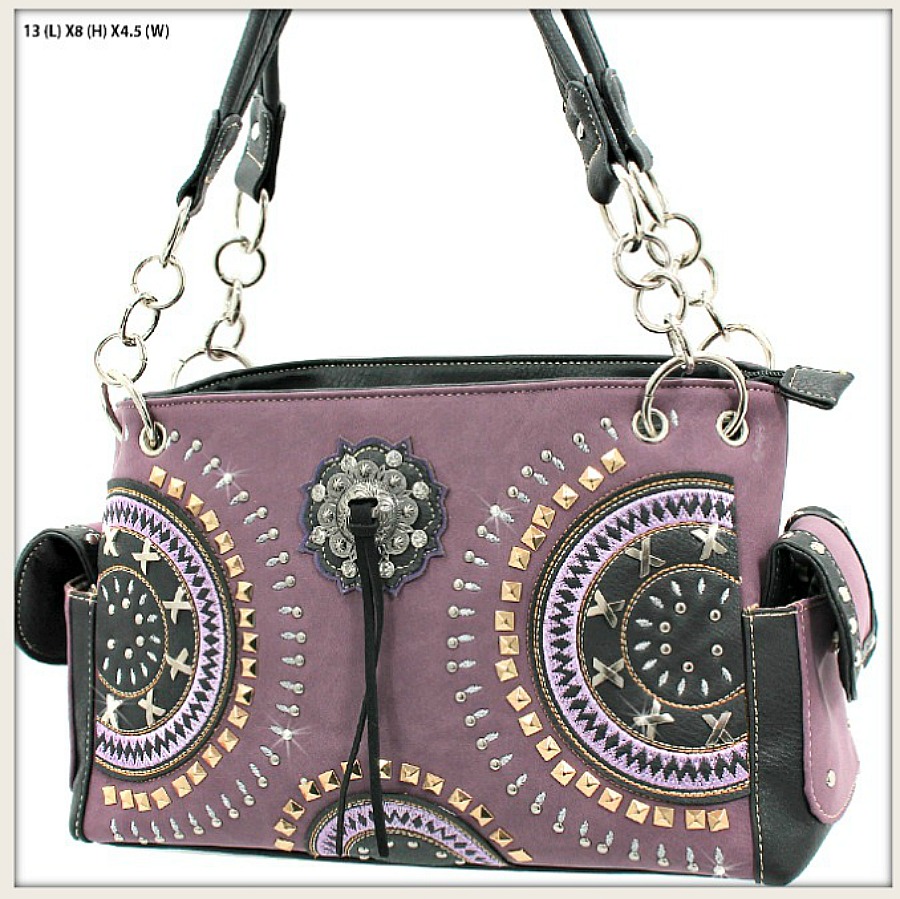 GEO CONCHO COWGIRL HANDBAG Geometric Pattern Black & Purple Silver Concho Tassel Leather Western Handbag