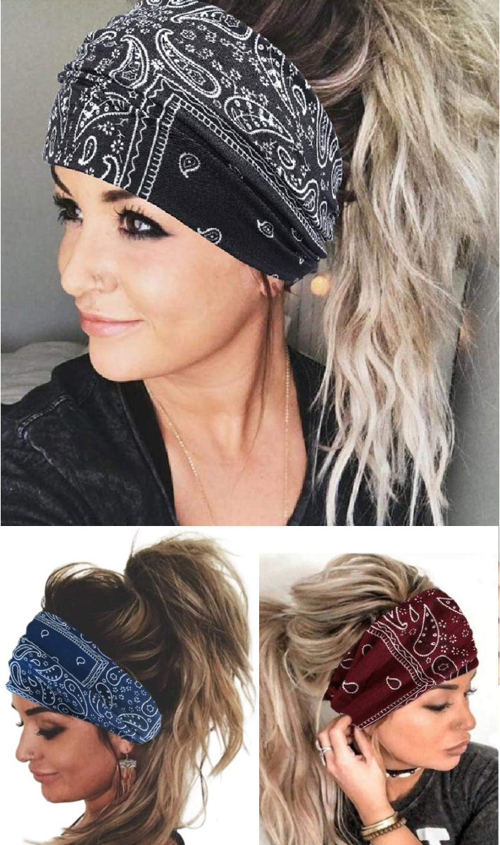 TURBAN HEADBANDS - Boho Wide Turban Style Stretchy Womens Headbands - Navy or Burgundy or Black