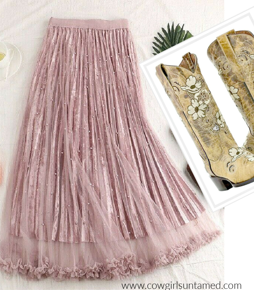 SPARKLE & SHINE SKIRT Pearl Studded Pink Tulle Layered Velvet Pleated A-line Elastic High Waist Long Skirt ONLY 2 LEFT