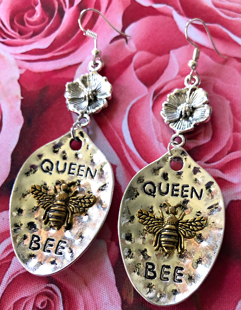 QUEEN BEE EARRINGS Handmade Gold Bee on Antiqued Silver Spoon "Queen Bee" Long Floral Dangle Earrings