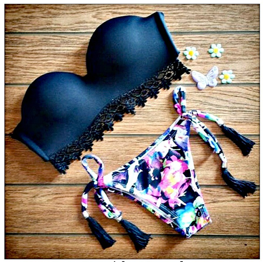 WILDFLOWER BIKINI Black Lace Trim Bandeau Multi Color Tassel Bottom Bikini Set