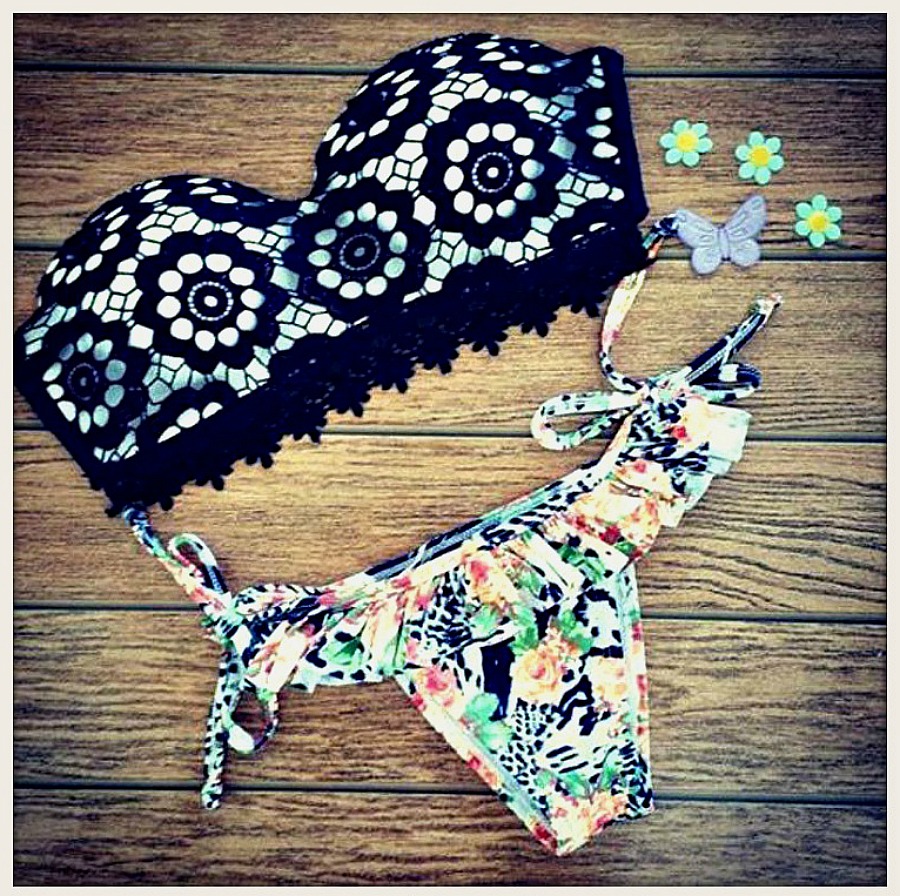 WILDFLOWER BIKINI Black Crochet Lace Bandeau Top Floral Bottom String Bikini Set