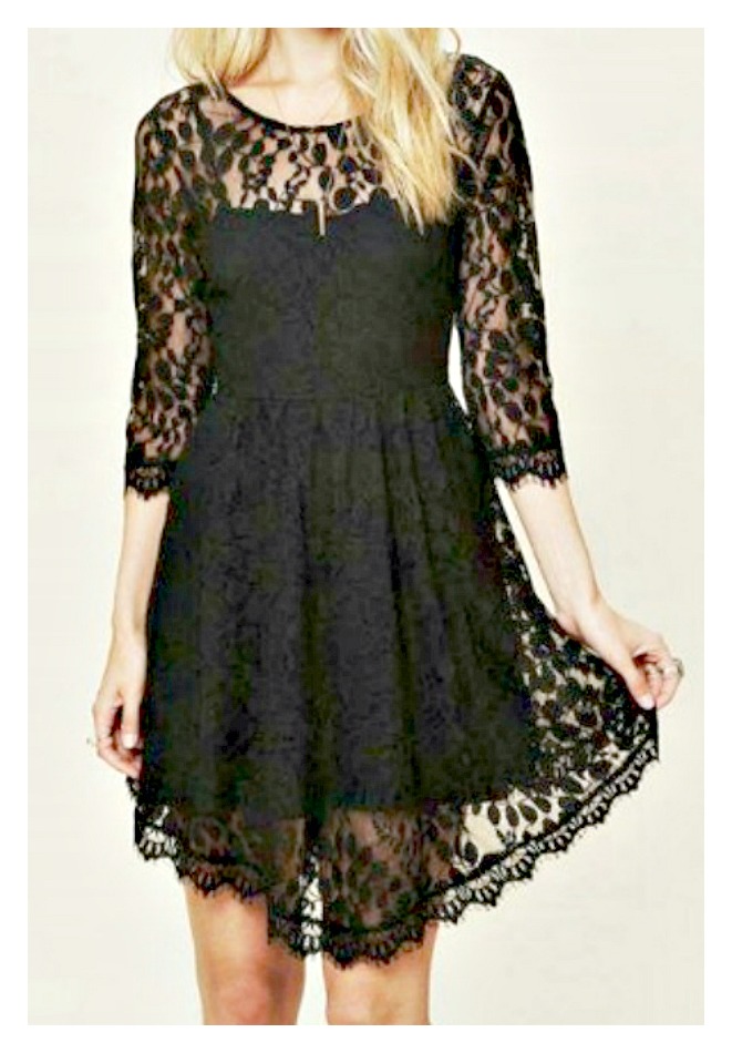 THE ANNA DRESS Black Lace Hi Lo Hemline 3/4 Sleeve Mini Dress with FREE SLIP S or L only