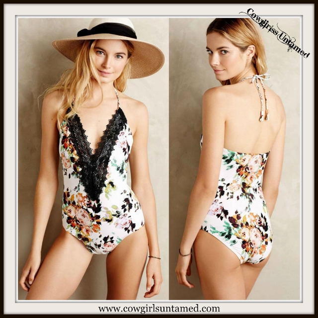 WILDFLOWER BIKINI Black Lace Neckline On Floral Halter Style Open Back 