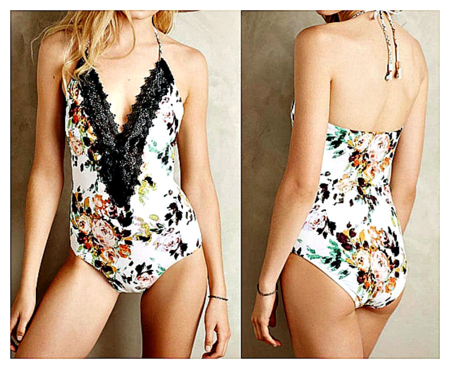 WILDFLOWER SWIMSUIT Black Lace Deep V Neckline on Floral One Piece Swimsuit LAST ONE S/M