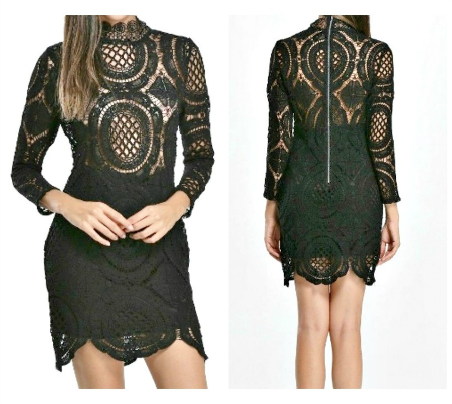 WILDFLOWER DRESS Black Crochet Lace High Neck 3/4 Sleeve Boho Womens Mini Dress LAST ONE M