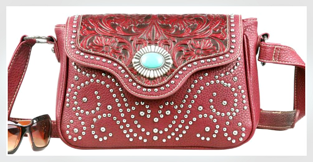 TRINITY RANCH MESSENGER BAG Studded Floral Tooled Concho Genuine Leather Red Western Crossbody Bag LAST ONE