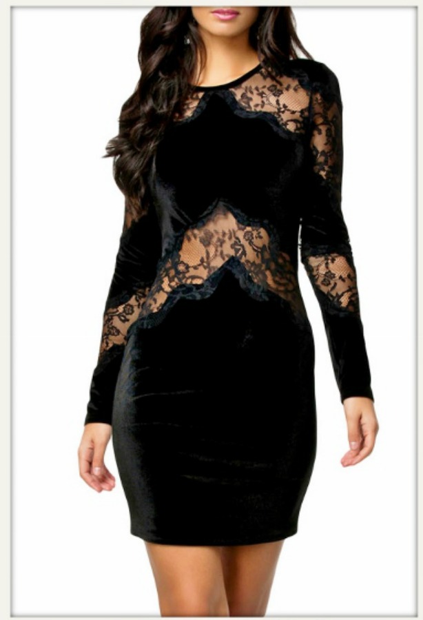 TRIPLE X DRESS Black Velvet with Lace Insert Long Sleeve Mini Dress