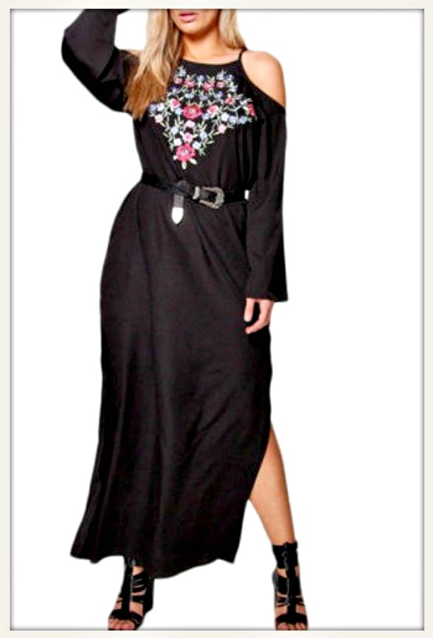 BOHO CHIC DRESS Floral Embroidery Cold Shoulder Long Sleeve Black Maxi Dress LAST ONE - Sz16