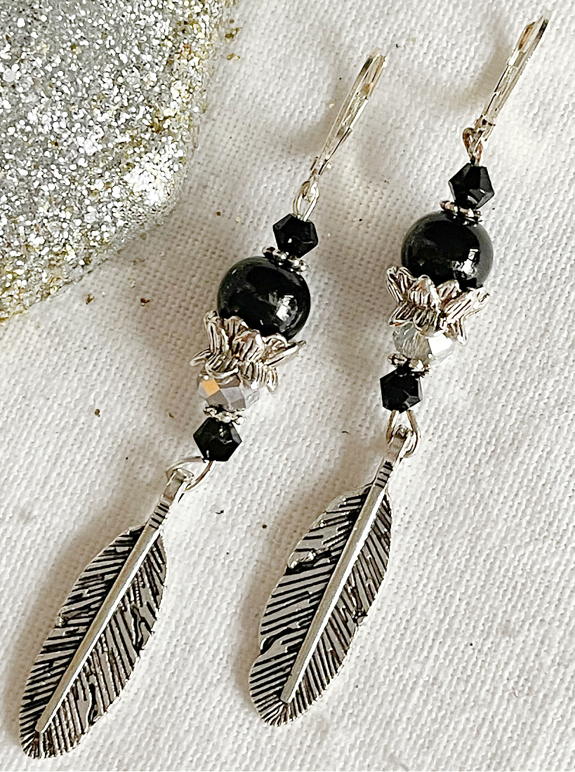 VINTAGE COWGIRL EARRINGS Handmade Antique Silver Feather Black Gemstone & Crystal Dangle Boho Earrings