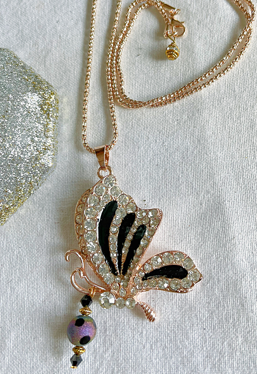 THE BUTTERFLY NECKLACE Custom Black Crystal Rhinestone Butterfly Pendant Polka Dot Charm Gold Chain Necklace