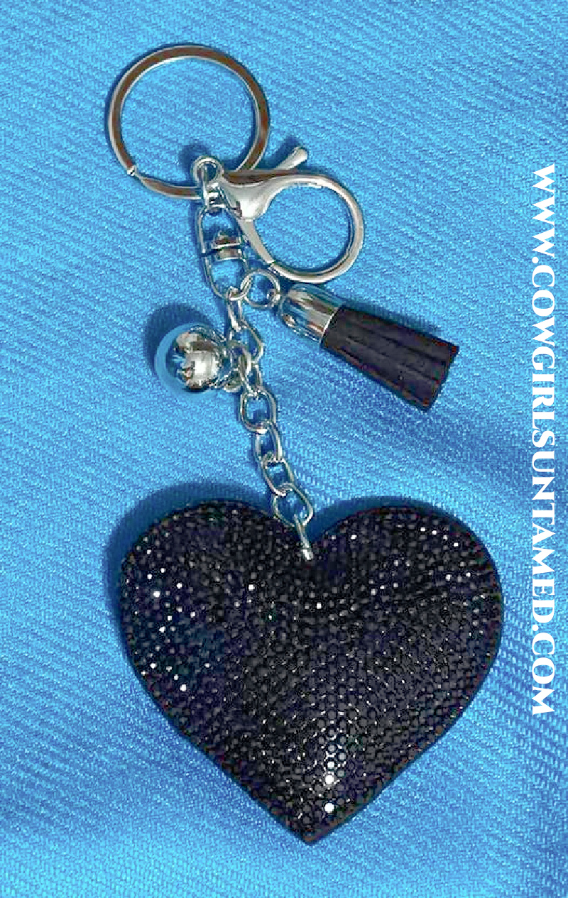 BLACK HEART KEYCHAIN Large Black Crystal Stuffed Heart Leather Tassel Silver Key Ring