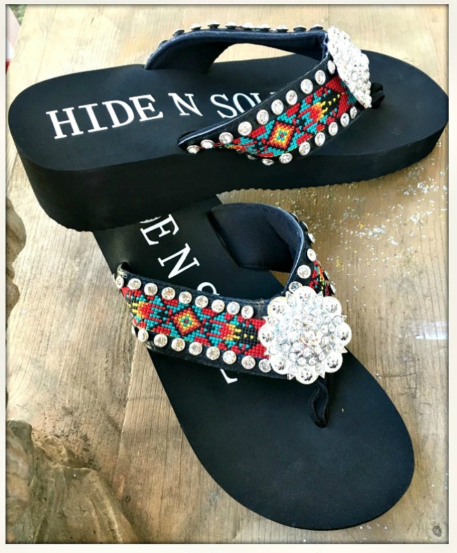BOHO CHIC SANDALS Aztec Embroidery Rhinestone Silver Concho & Studded Heel Flip Flops