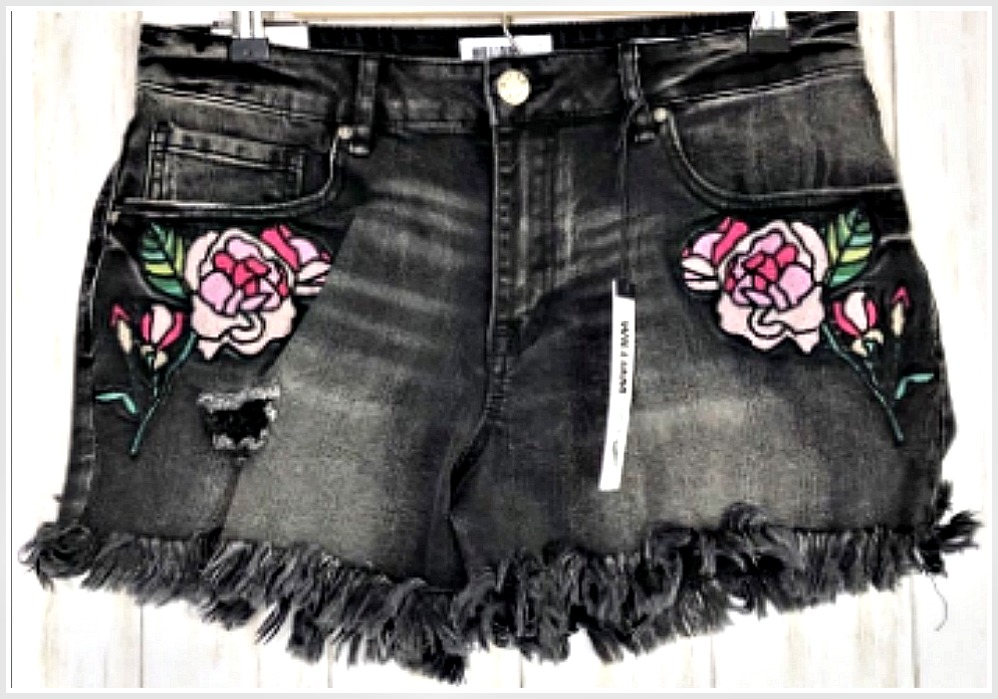 BOHO COWGIRL SHORTS Pink Floral Embroidered Flowers on Black Button Zip Fly Distressed Jean Cutoff Shorts