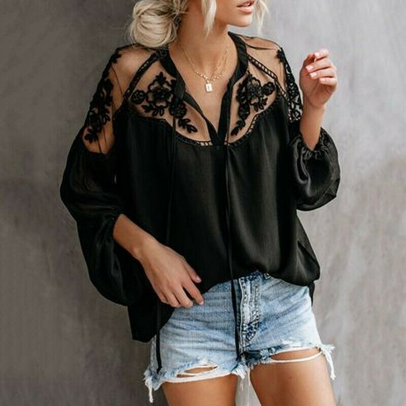 THE CHELSEA TOP Black Floral Crochet Lace on Sheer Shoulder Long Sleeve Boho Blouse S-XL