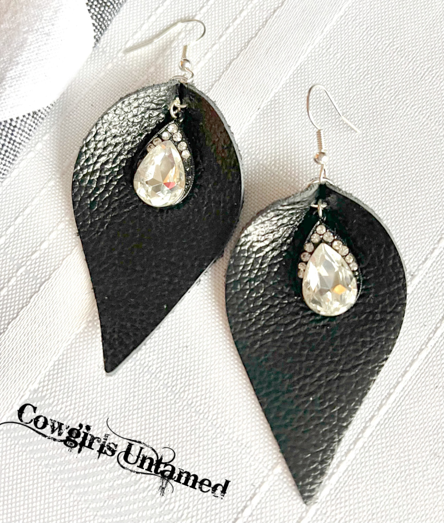 BLACK SPARKLE EARRINGS Handmade Rhinestone Teardrop Black Leather Silver Earrings