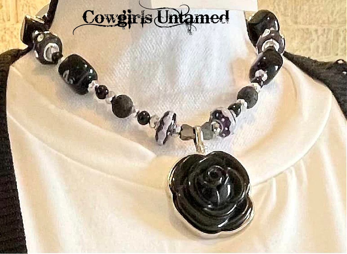 THE BLACK ROSE NECKLACE Handmade Silver Rose Pendant Black Beaded Short Choker Necklace