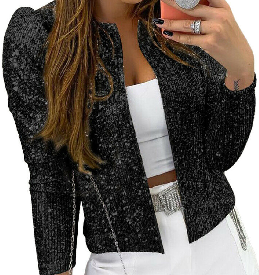 MAJOR COMPLIMENTS JACKET Black Sequin Puff Sleeve Short Womens Party Jacket M-2X