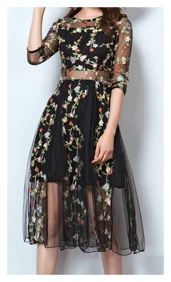 THE ABIGAIL DRESS Multi Color Floral Embroidery Black Sheer Midriff Midi Dress  PLUS SIZE