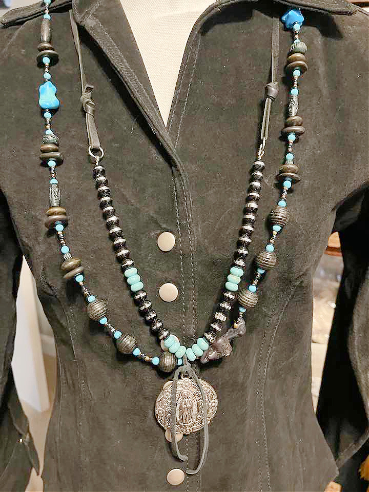 THE MADONNA NECKLACE SET Handmade Leather Turquoise Black Beaded Western Necklace Silver Madonna Pendant SET