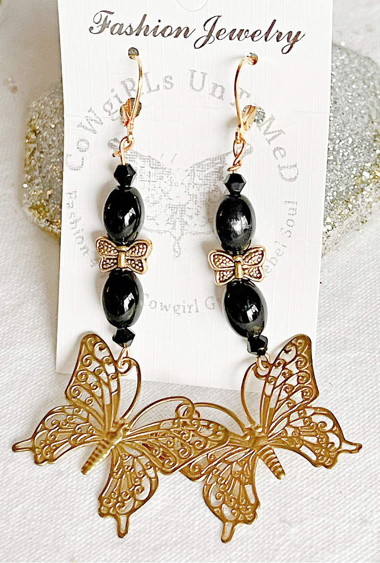 THE GOLDEN BUTTERFLY EARRINGS Handmade Golden Filigree Butterfly Charm on Crystal & Black Gemstone Beaded Long Dangle Earrings