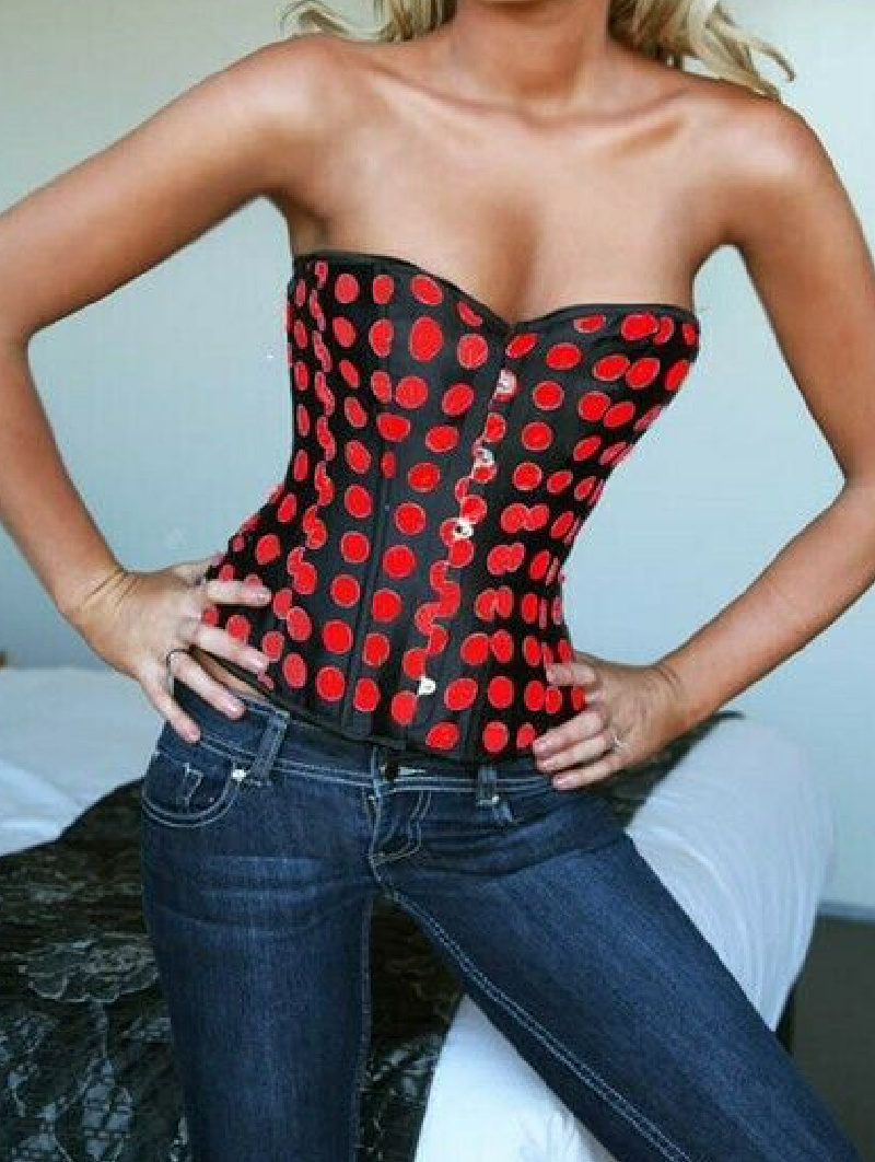 POLKA DOT CORSET Red Polka Dots on Black Satin Sweetheart Neckline Womens Lace Up Corset Top S or XL only