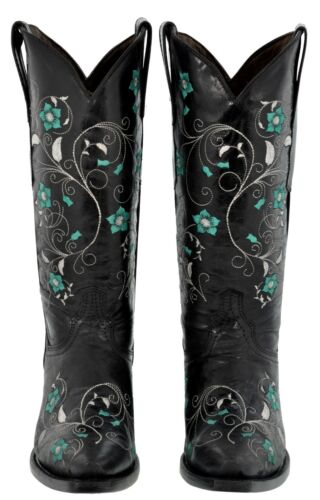 THE SOFIA BOOTS Embroidered Turquoise Floral Black GENUINE LEATHER Womens Cowgirl Boots SIZES 5-11