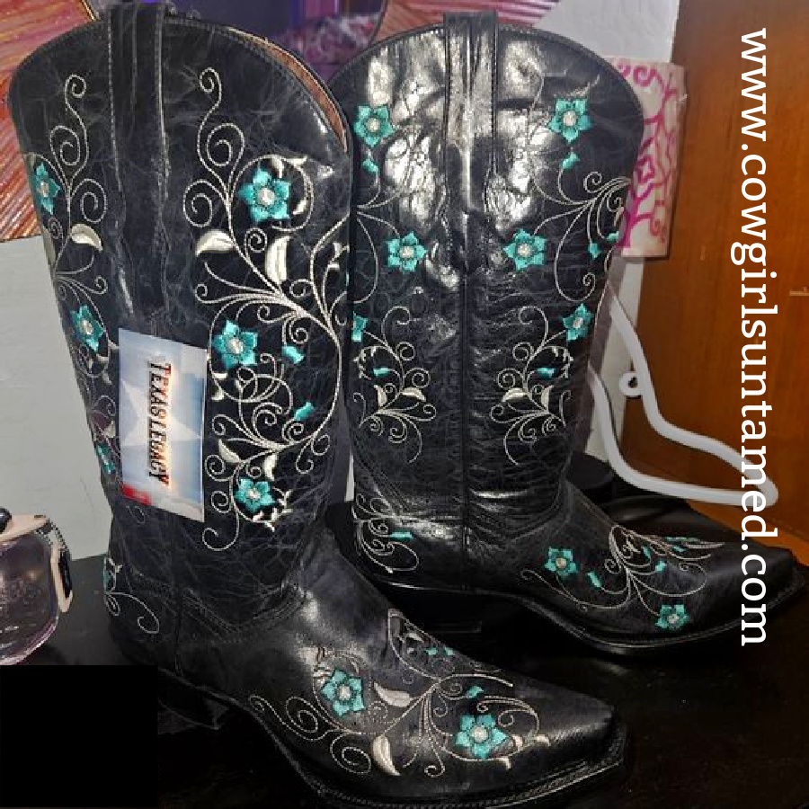 THE SOFIA BOOTS Embroidered Turquoise Floral Black GENUINE LEATHER Womens Cowgirl Boots SIZES 5-11
