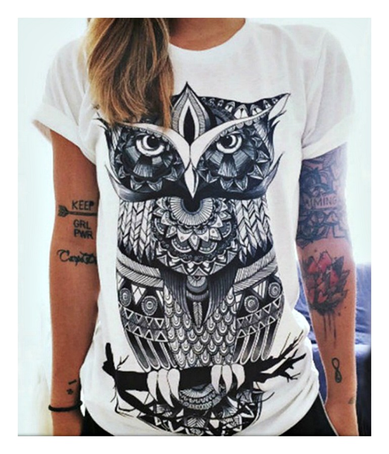 WILDFLOWER TOP Black and White Owl Boho T-shirt