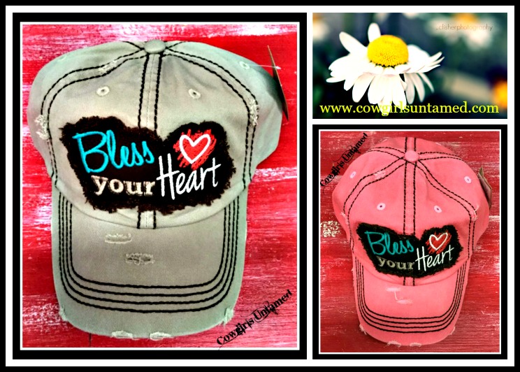 SOUTHERN BELLE CAP "Bless Your Heart" Distressed Cowgirl Cap