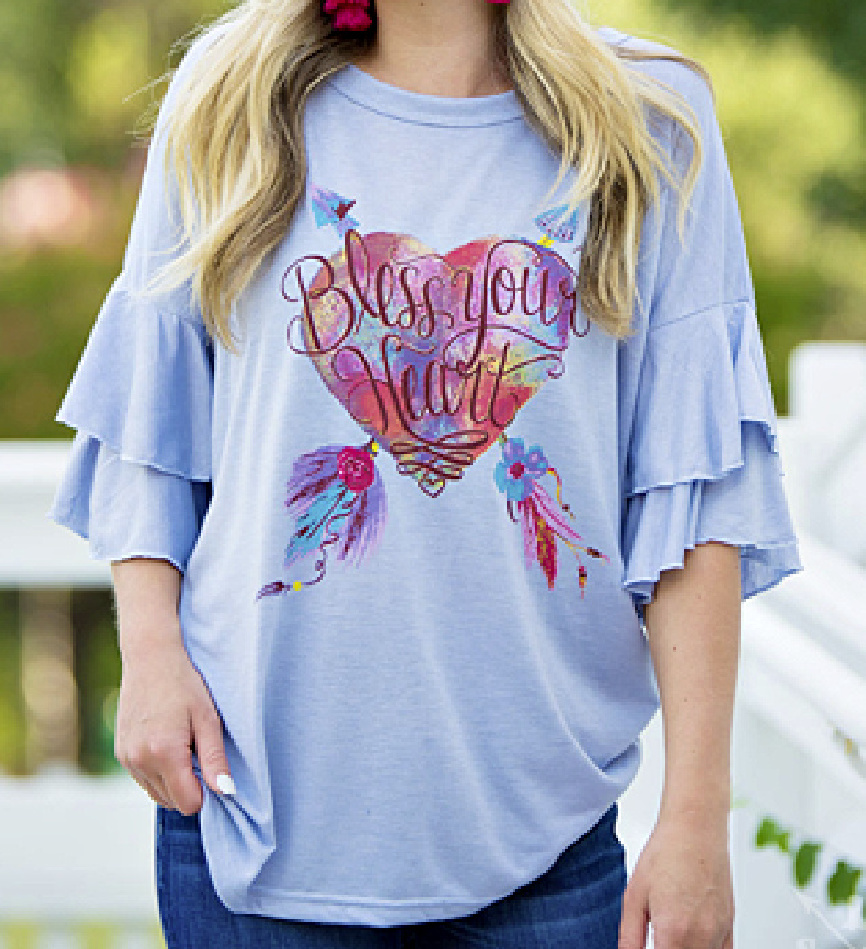SOUTHERN GRACE TOP SOUTHERN BELLE TOP "Bless Your Heart" Feather Blue 3/4 Sleeve  Loose Fit Ruffle Short Sleeve Blouse