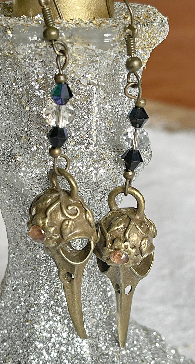 ON the RUN EARRINGS Handmade Beaded Blue Clear Crystal on Amber Crystal Vintage Antique Bronze Skull Earrings OOAK