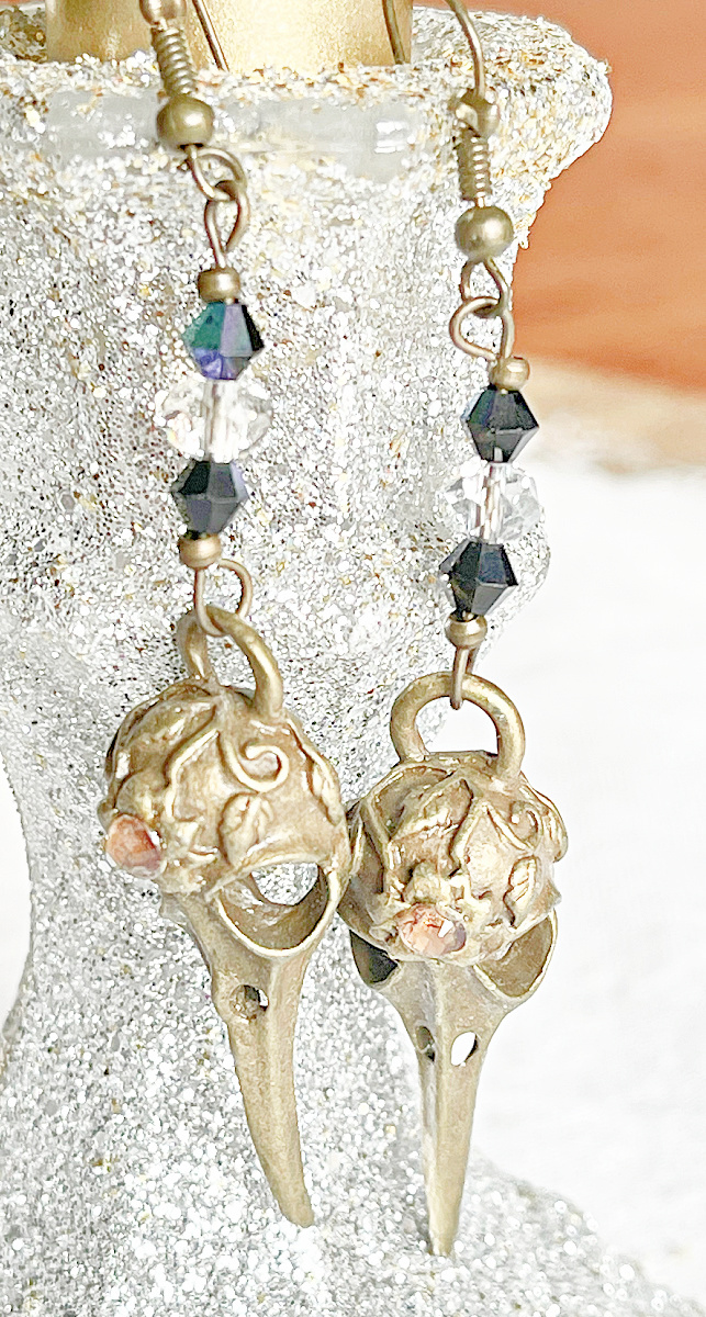 ON the RUN EARRINGS Handmade Beaded Blue Clear Crystal on Amber Crystal Vintage Antique Bronze Skull Earrings OOAK